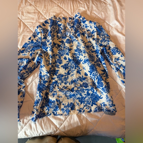 SHEIN Blue and White Long Sleeve Mandarin Collar Blouse - Picture 3 of 4